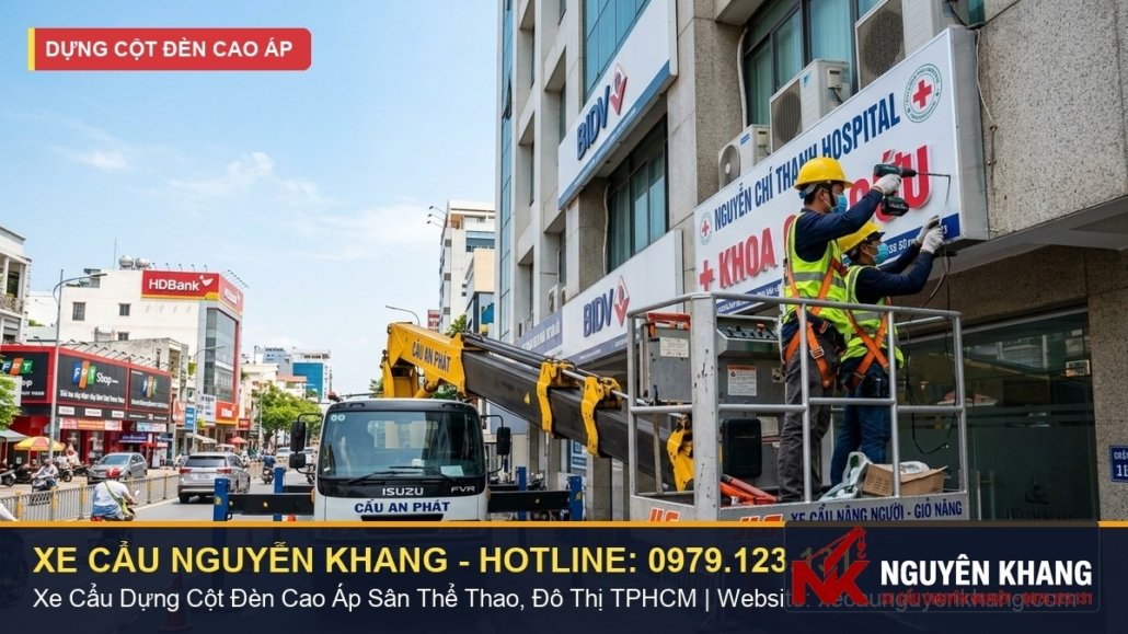 Dịch vụ xe cẩu dựng cột đèn cao áp sân bóng đá, tennis & chiếu sáng đô thị HCM