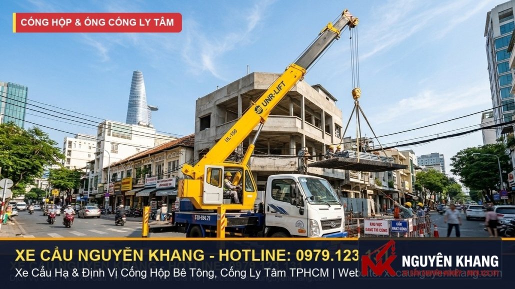 Dịch vụ xe cẩu hạ & đặt cống hộp bê tông, cống ly tâm hạ tầng thoát nước TPHCM