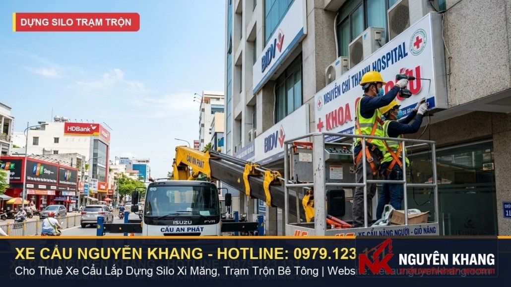 Cho thuê xe cẩu lắp dựng Silo xi măng, phễu trạm trộn bê tông tại TPHCM