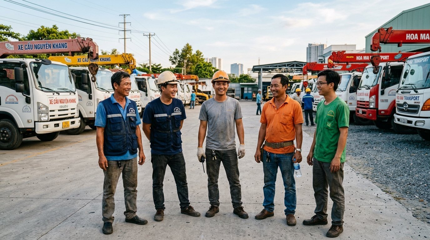 Đội ngũ lái xe và phụ cẩu chuyên nghiệp Xe Cẩu Nguyên Khang