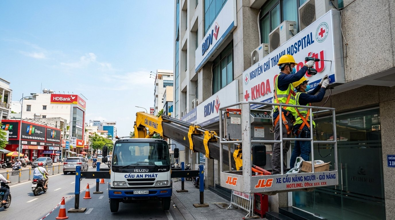 Cho thuê xe cẩu nâng người giỏ nâng thi công trên cao tại TPHCM