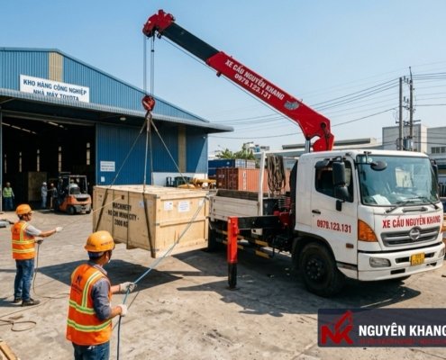 Xe cẩu thùng tự hành Nguyên Khang cẩu hạ hàng hóa máy xưởng