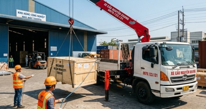 Xe cẩu thùng Nguyên Khang thi công thực tế tại công trình