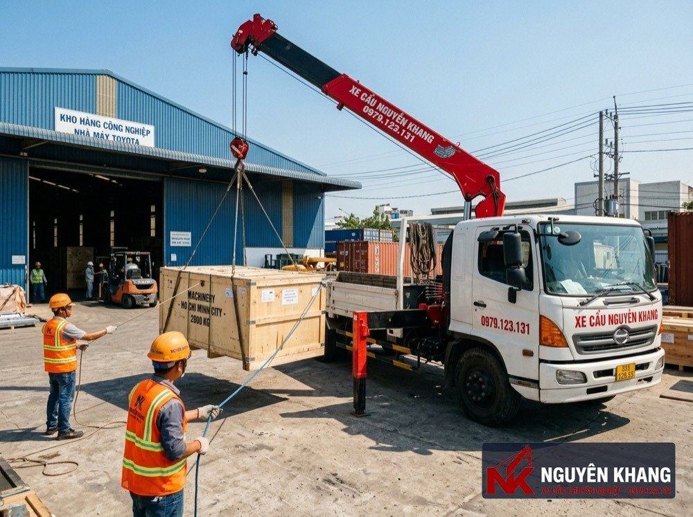 Xe cẩu thùng Nguyên Khang thi công thực tế tại công trình