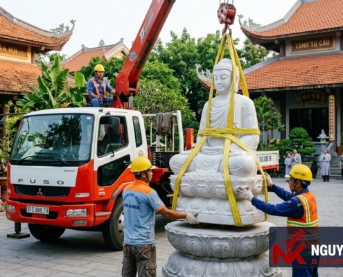 Dịch vụ cẩu an vị Tượng Phật đá & Chuông đồng (Đại Hồng Chung) bằng đai vải mềm tại TPHCM