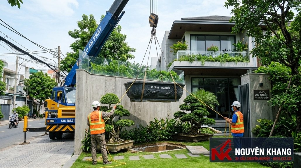 Dịch vụ cẩu hồ cá Koi composite & bàn đá tảng nguyên khối vào sân vườn biệt thự Thảo Điền, Sala